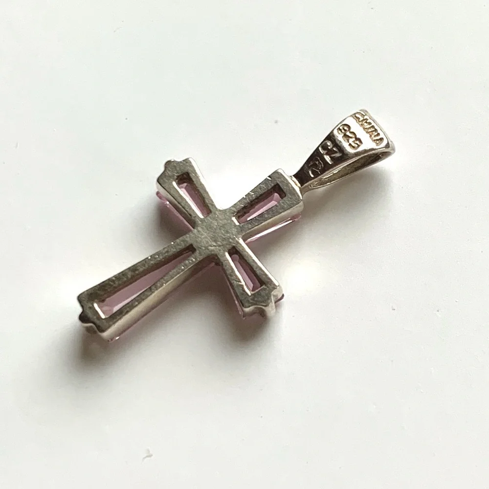 sterling silver 925 cross pink baguette cubic zirconia pendant